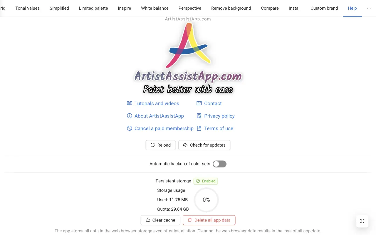 Enabling and disabling automatic backup of color sets in ArtistAssistApp
