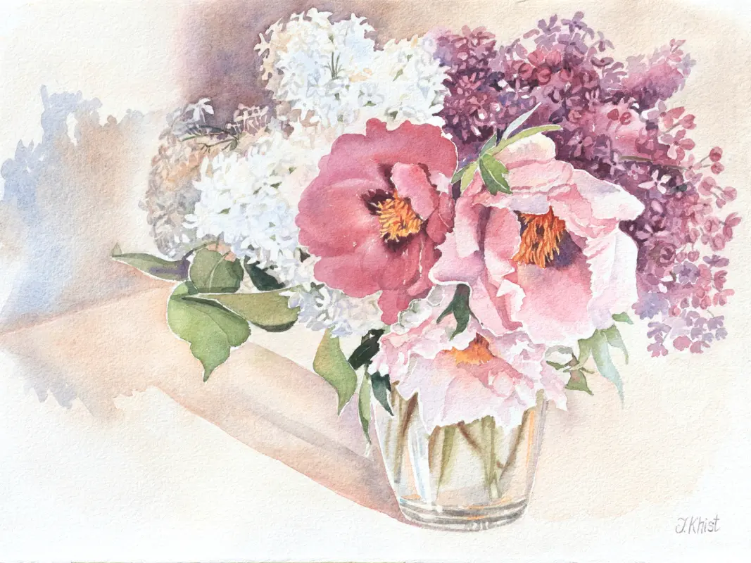 Bouquet of lilacs and tree peonies, a painting by Irina Khist