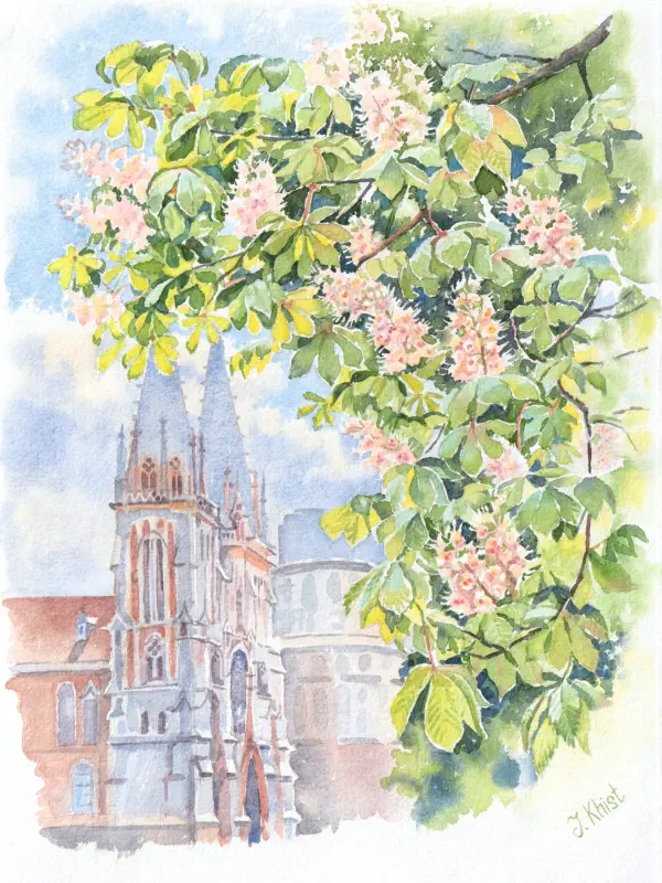 St. Nicholas Church and chestnut tree watercolor painting by Irina Khist