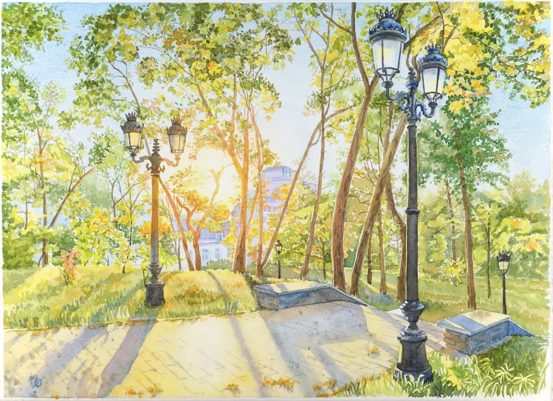 City Garden Park watercolor painting by Irina Khist