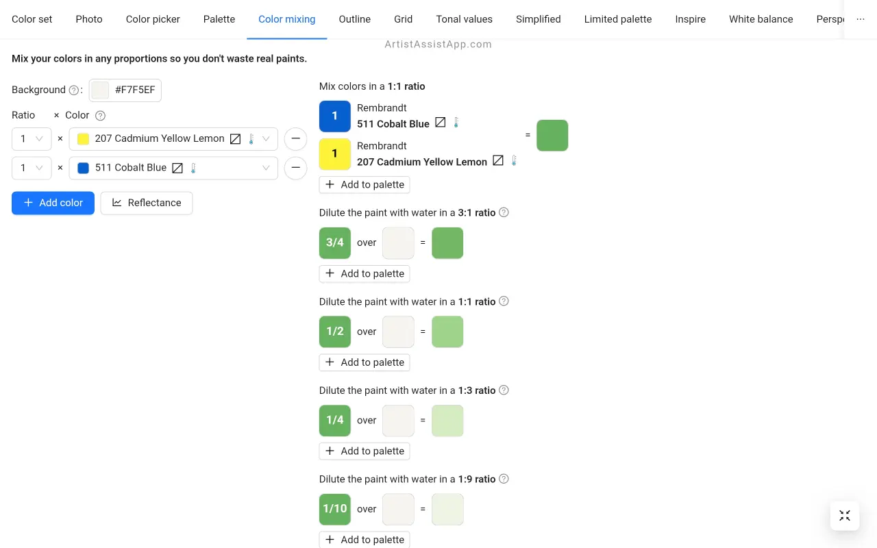 Simulating real color mixing in ArtistAssistApp