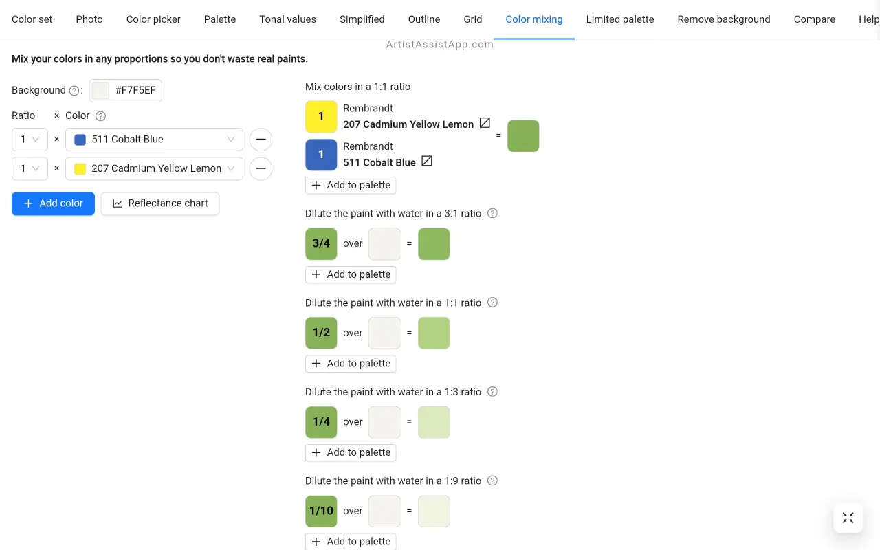 Simulating real color mixing in ArtistAssistApp