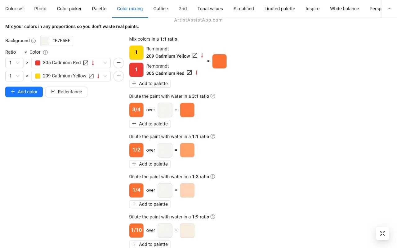 Simulating real color mixing in ArtistAssistApp