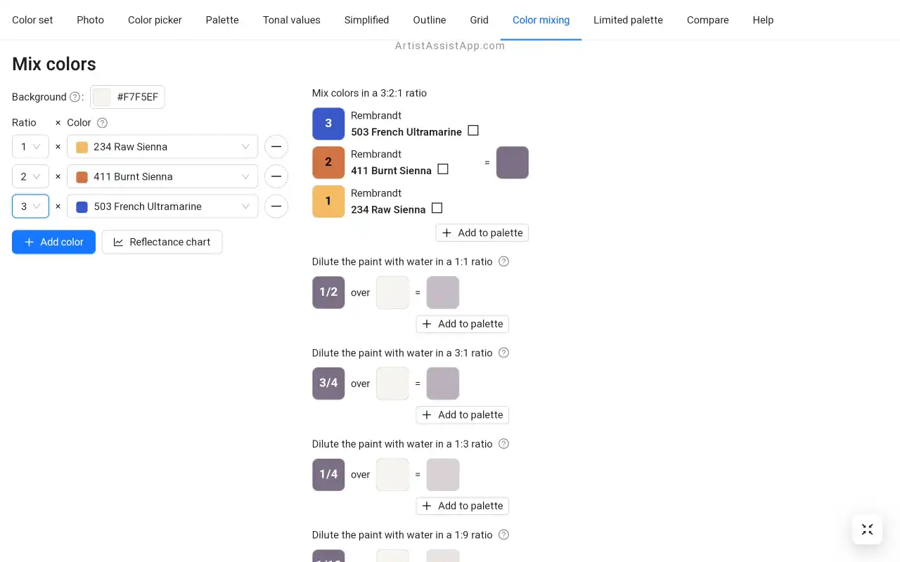 ArtistAssistApp: miscelazione di colori specifici di marchi specifici in qualsiasi proporzione
