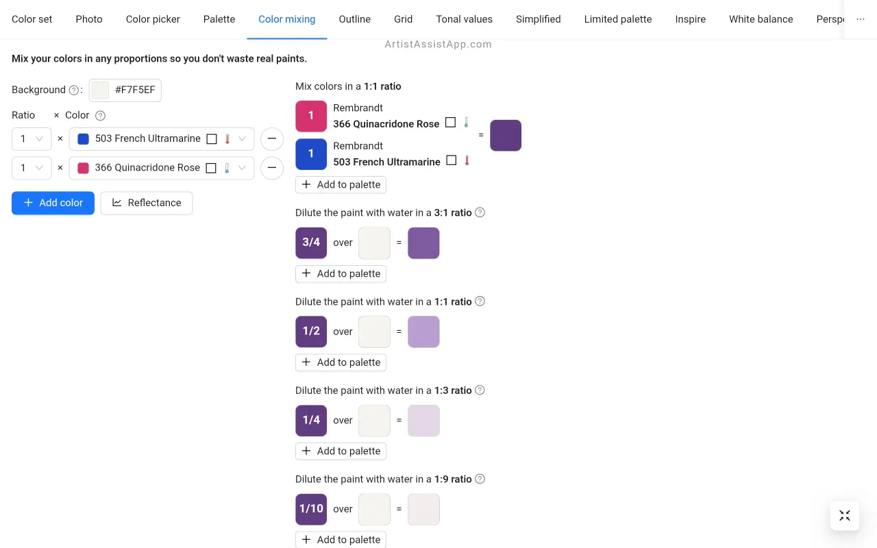 Simulating real color mixing in ArtistAssistApp