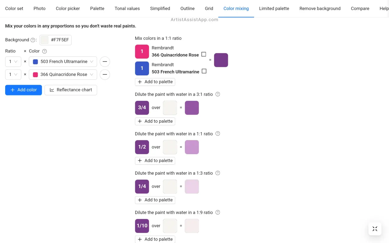 Simulating real color mixing in ArtistAssistApp