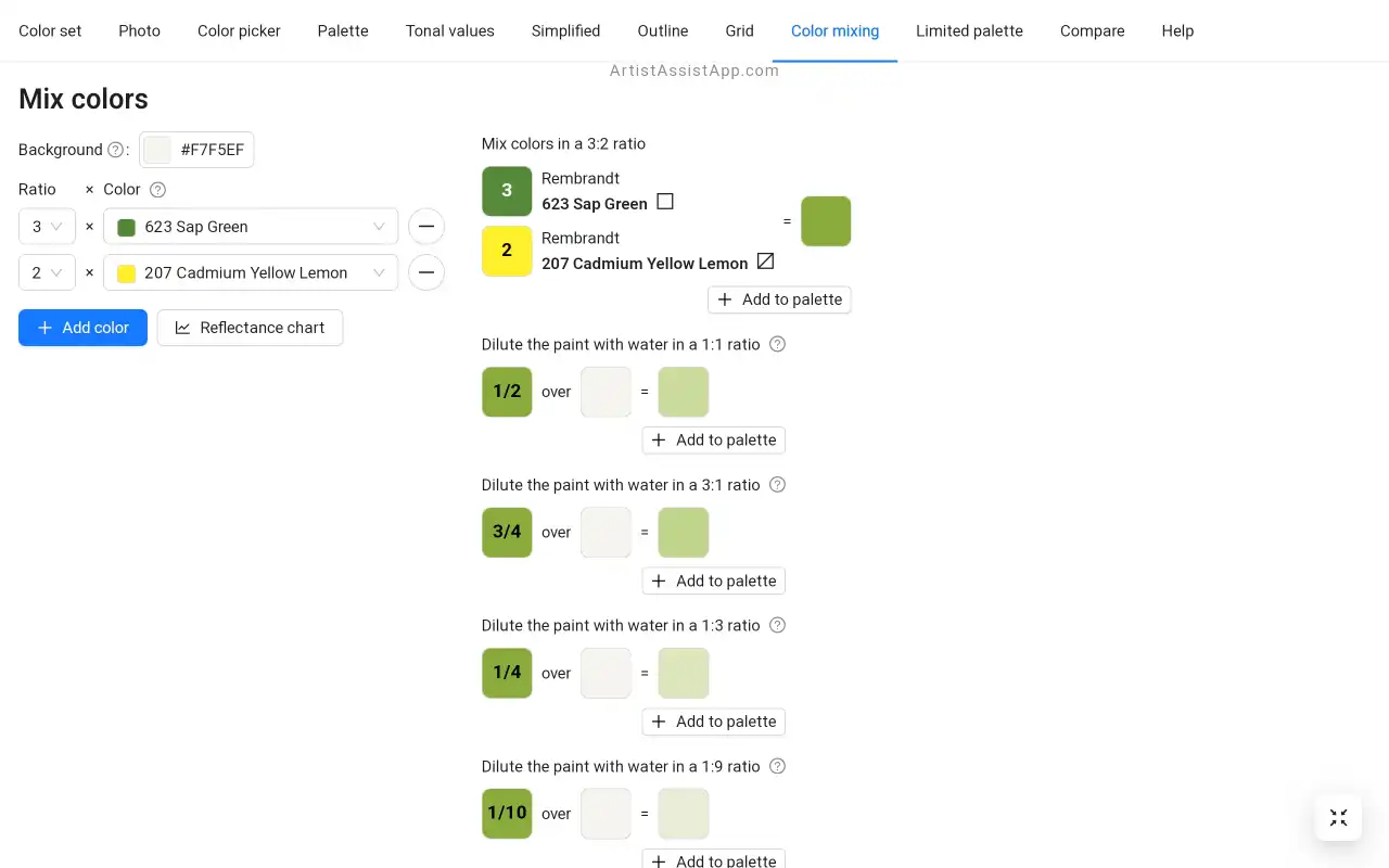 ArtistAssistApp: miscelazione di colori specifici di marchi specifici in qualsiasi proporzione