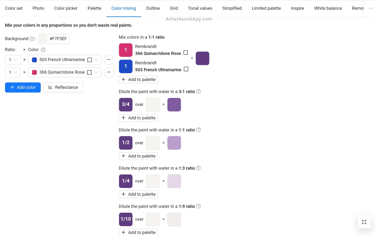 Simulating real color mixing in ArtistAssistApp