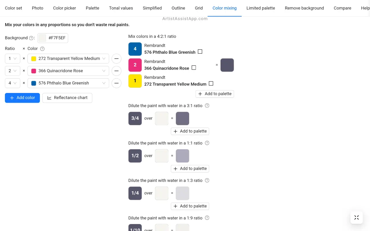 Simulating real color mixing in ArtistAssistApp