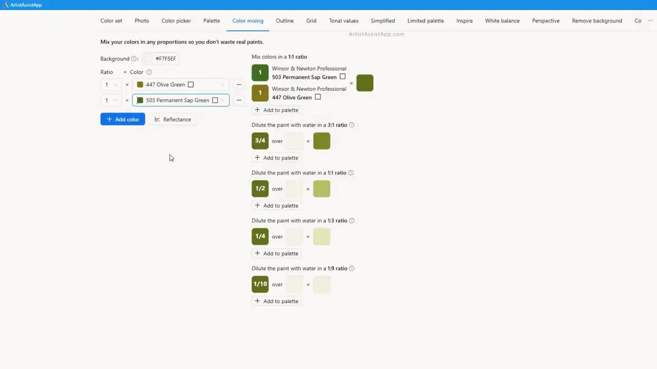 Simulating real color mixing in ArtistAssistApp