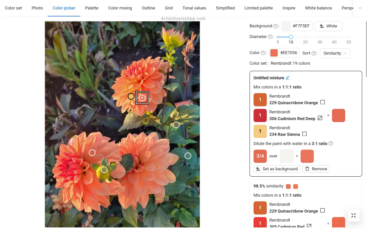 Accessing the palette directly with the Color Picker in ArtistAssistApp