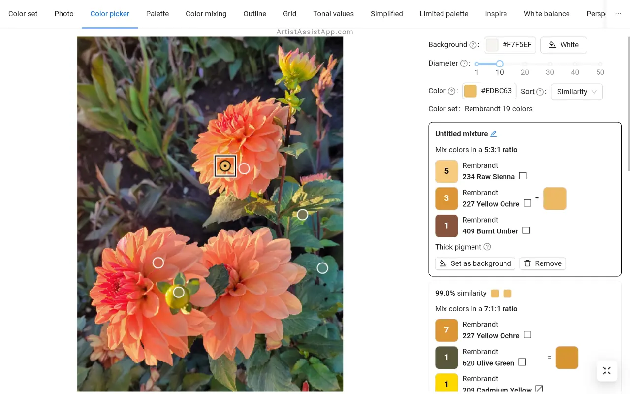 Accessing the palette directly with the Color Picker in ArtistAssistApp