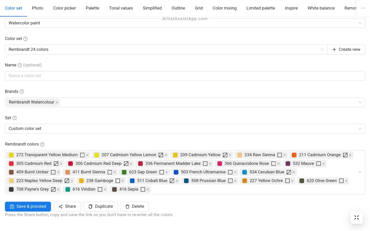 ArtistAssistApp'te bir renk seti oluşturma