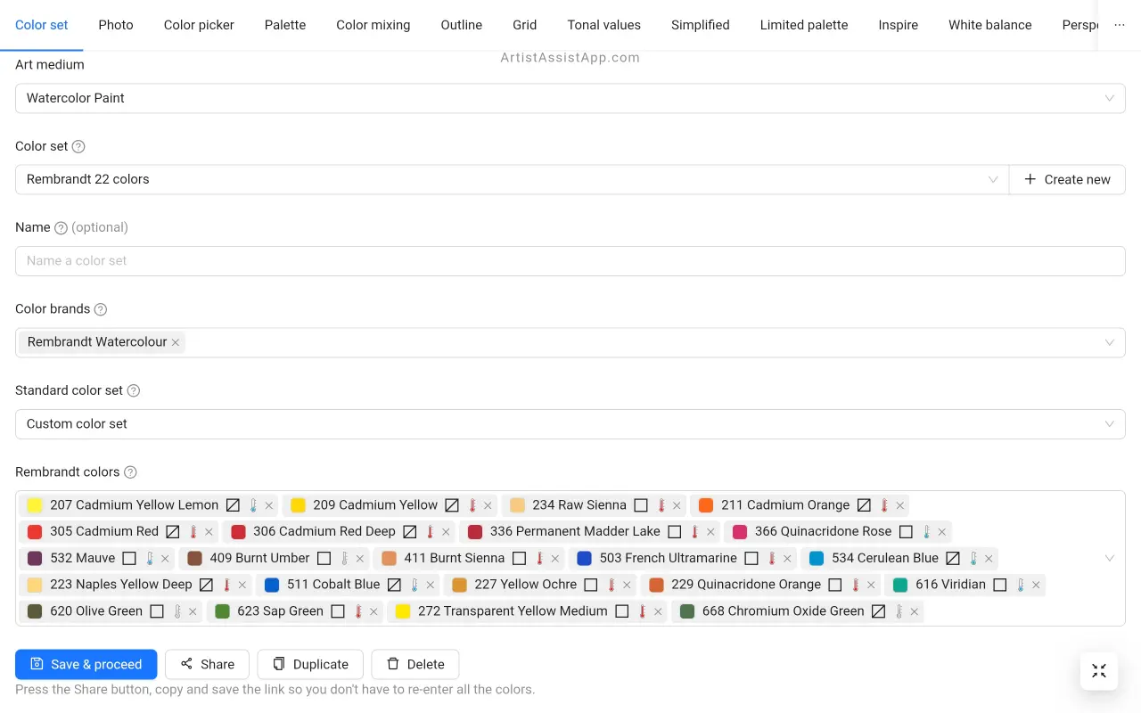 Creating a color set in ArtistAssistApp