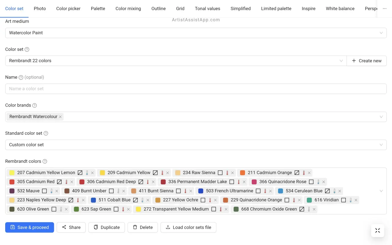 Creating a color set in ArtistAssistApp