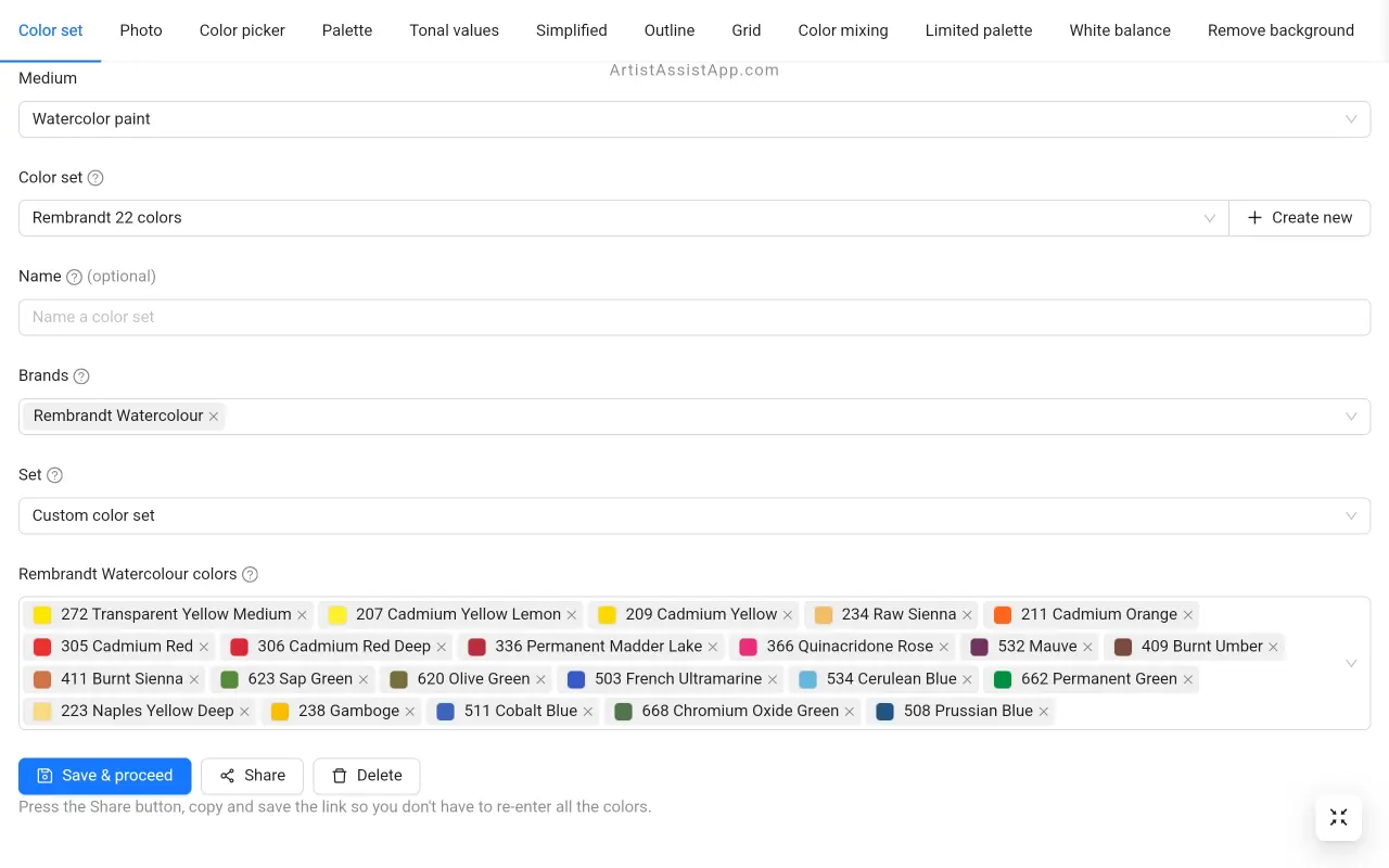 Creating a color set in ArtistAssistApp