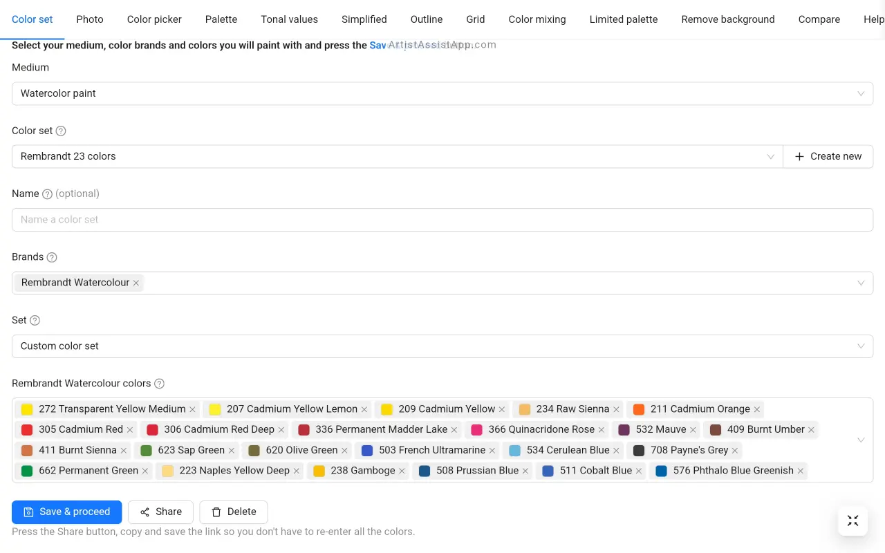 Creating a color set in ArtistAssistApp