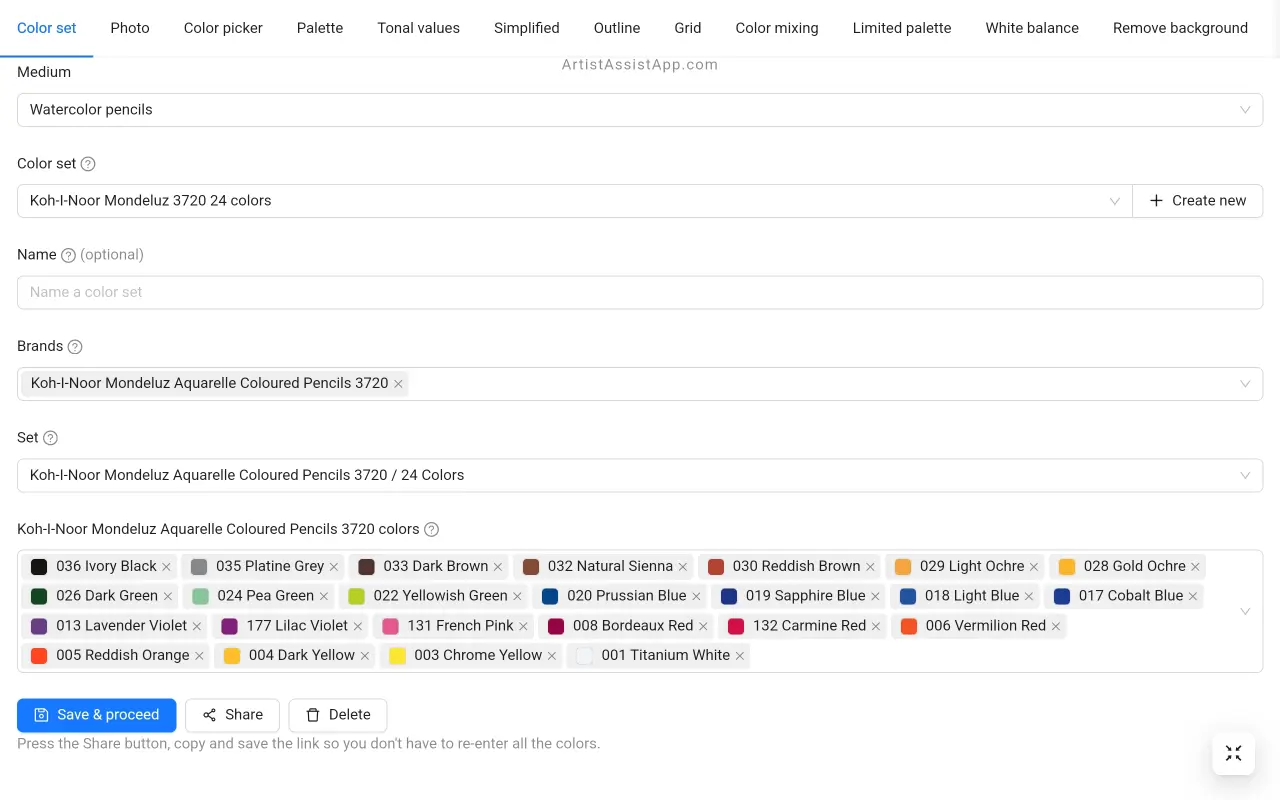 Creating a color set in ArtistAssistApp