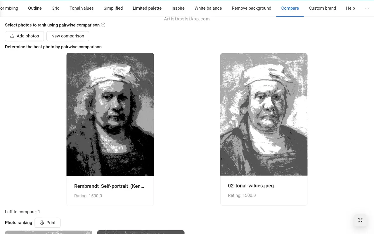 Comparing tonal values of a painting and a reference photo in ArtistAssistApp