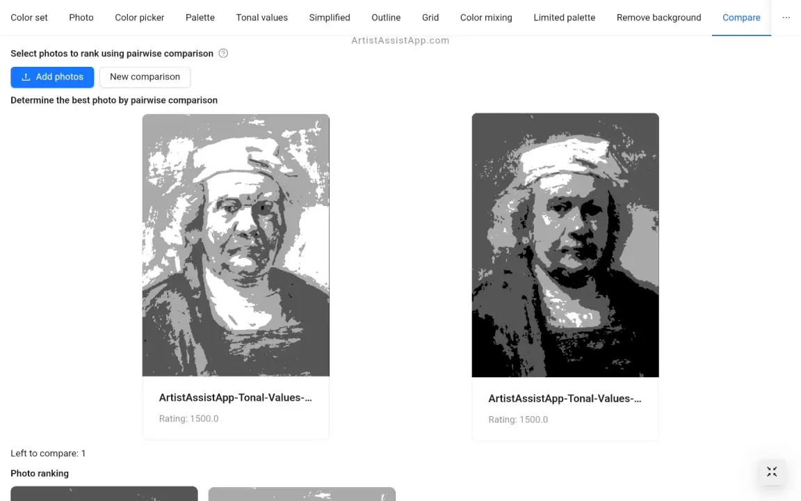 Comparing tonal values of a painting and a reference photo in ArtistAssistApp