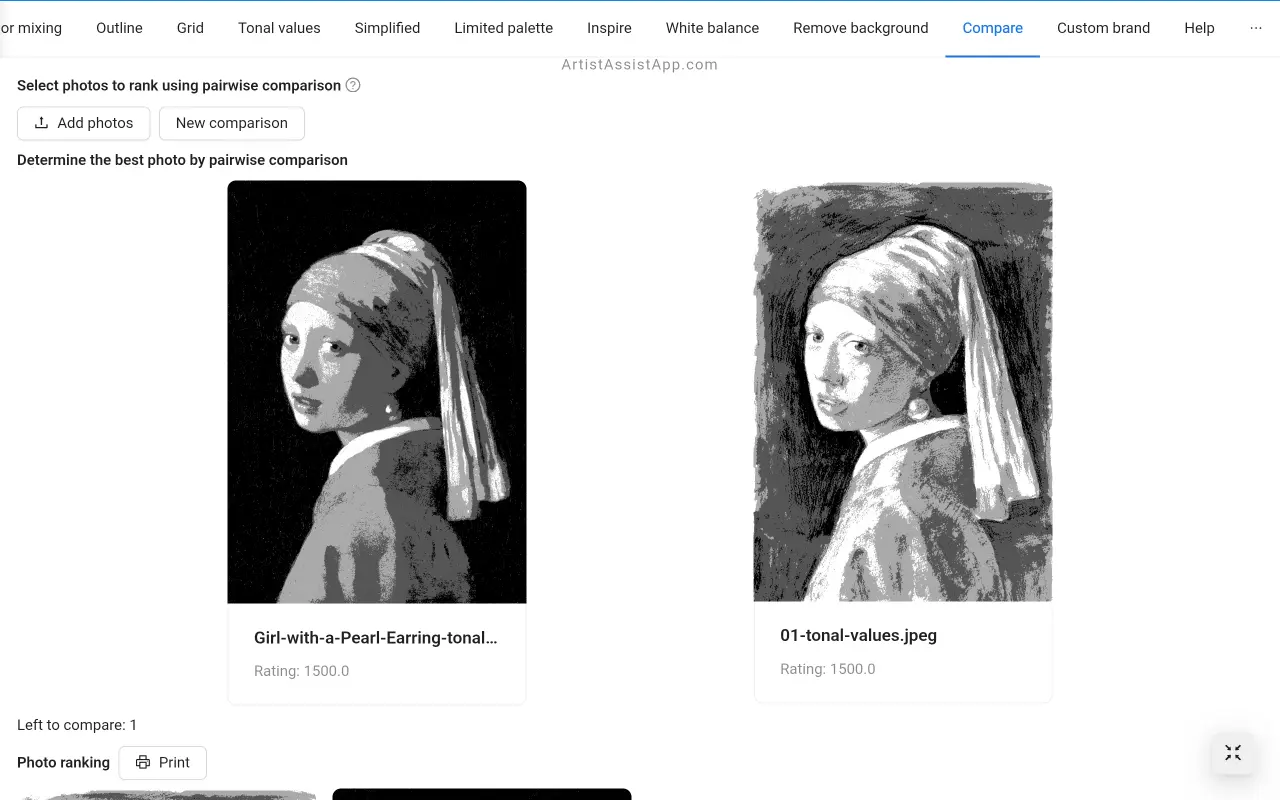 Comparing tonal values of a painting and a reference photo in ArtistAssistApp