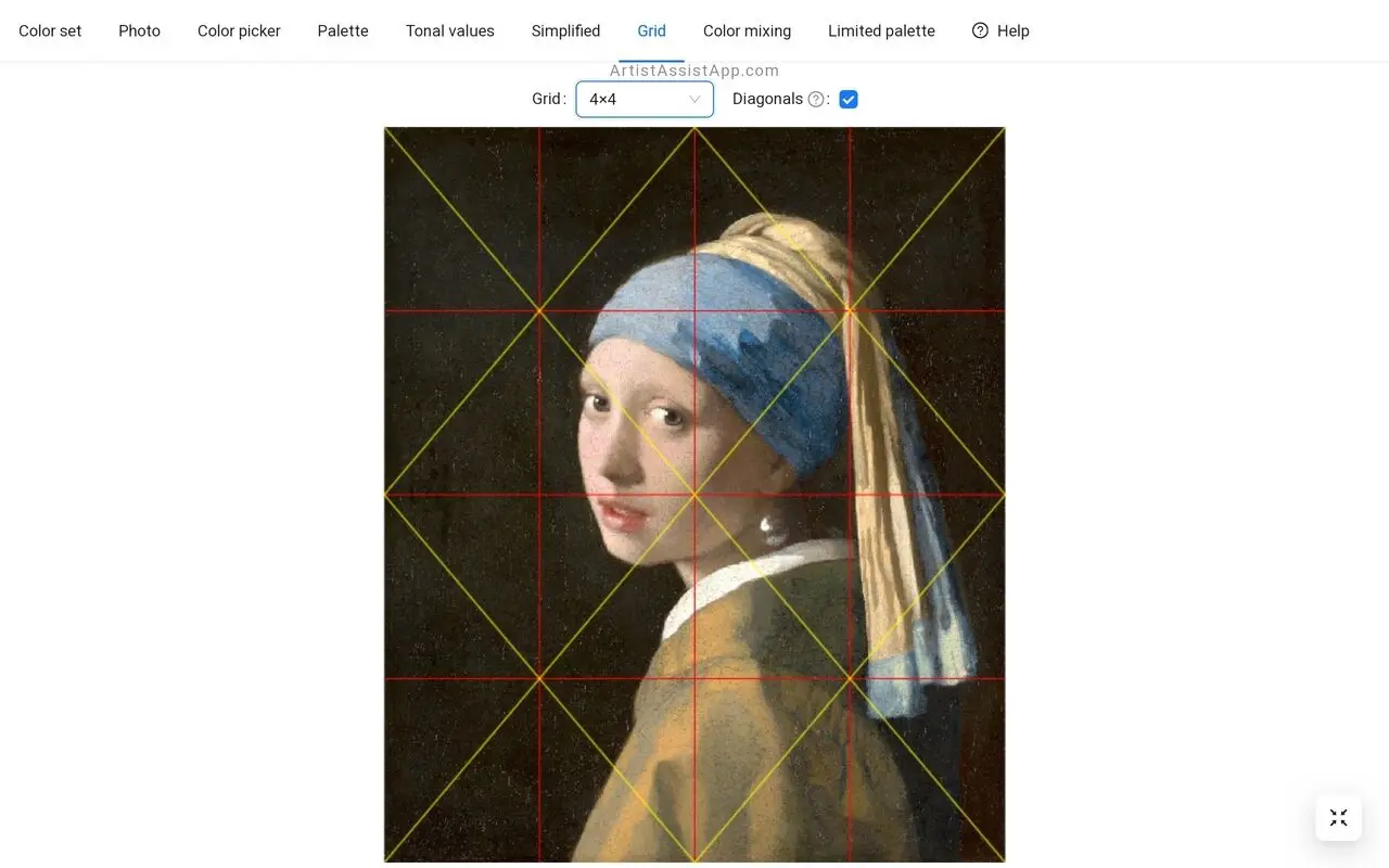 ArtistAssistApp: drawing with a grid method (4x4 grid)