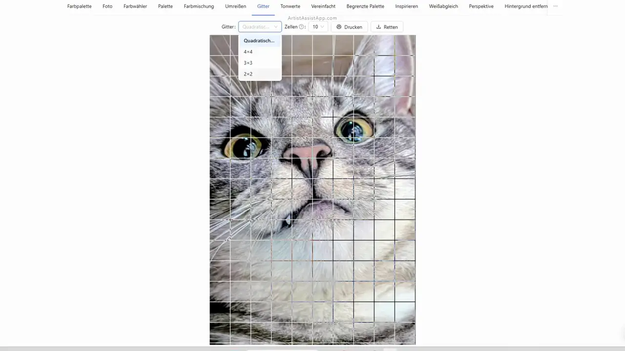 Drawing with the grid method (square grid) using ArtistAssistApp