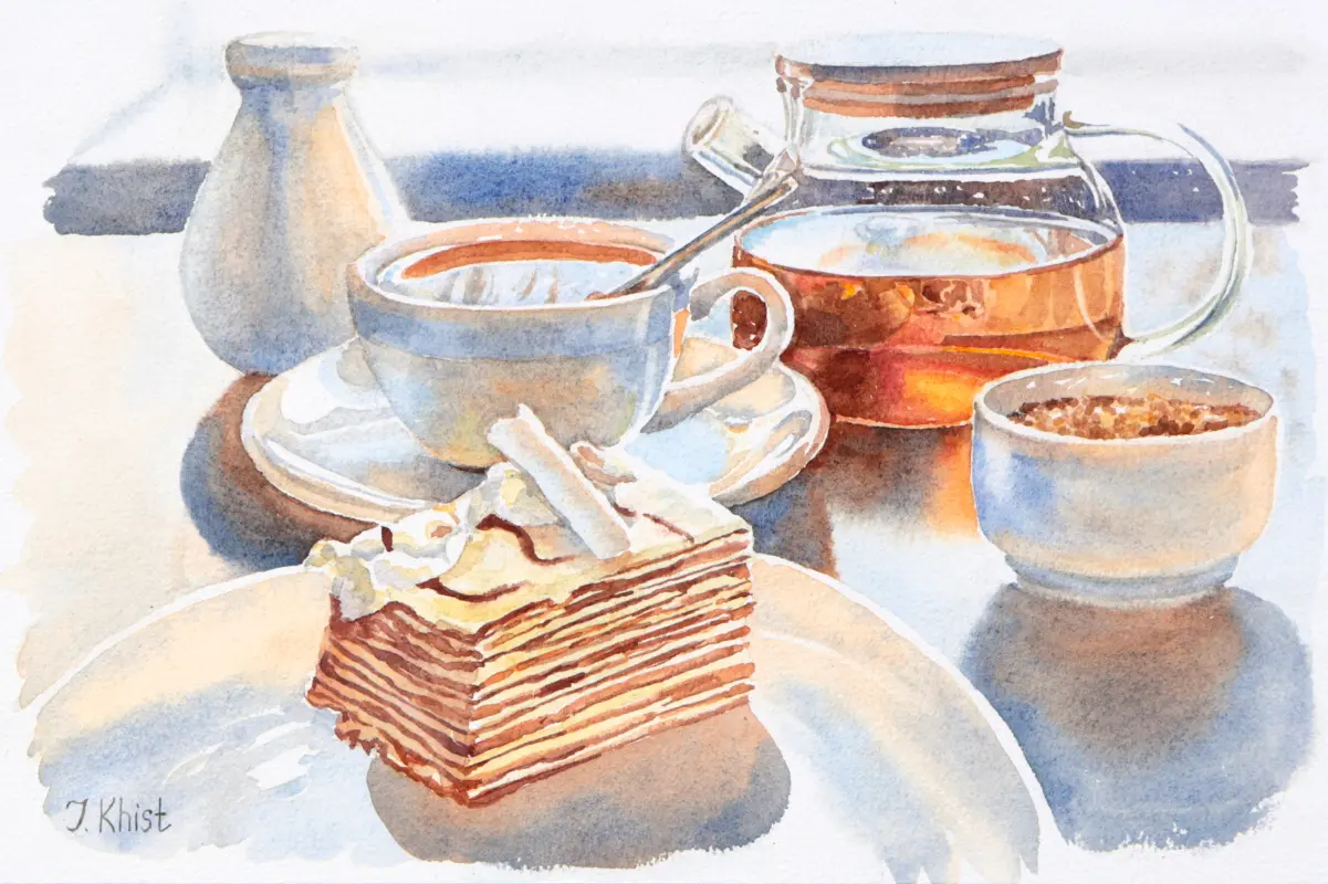 A hot tea and yummy cake, a painting by Irina Khist