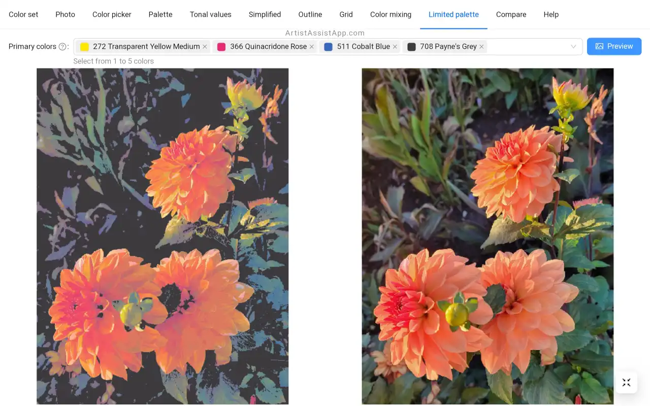 ArtistAssistApp: previewing a reference photo in painted with a limited palette