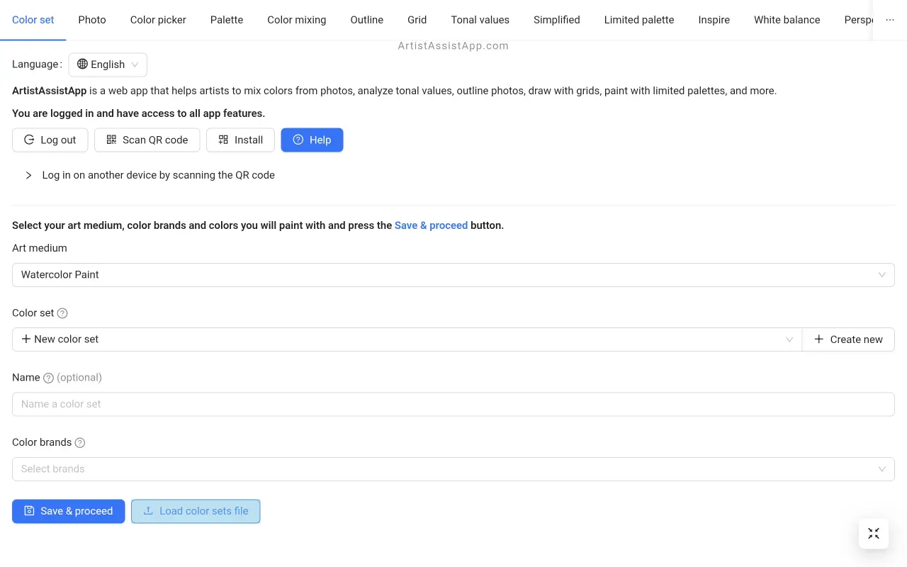 Loading color sets from file in ArtistAssistApp