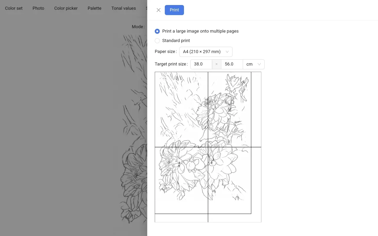 Printing a large image on multiple pages using home printer using ArtistAssistApp