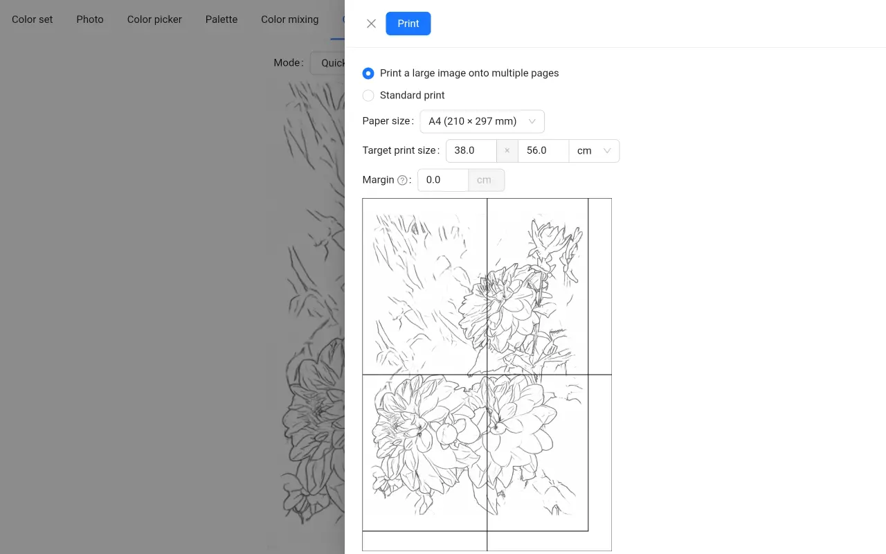 Printing a large image on multiple pages using home printer using ArtistAssistApp