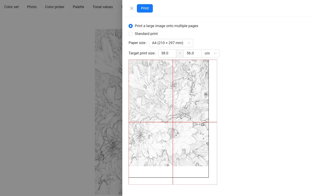 Printing a large image on multiple pages using home printer using ArtistAssistApp