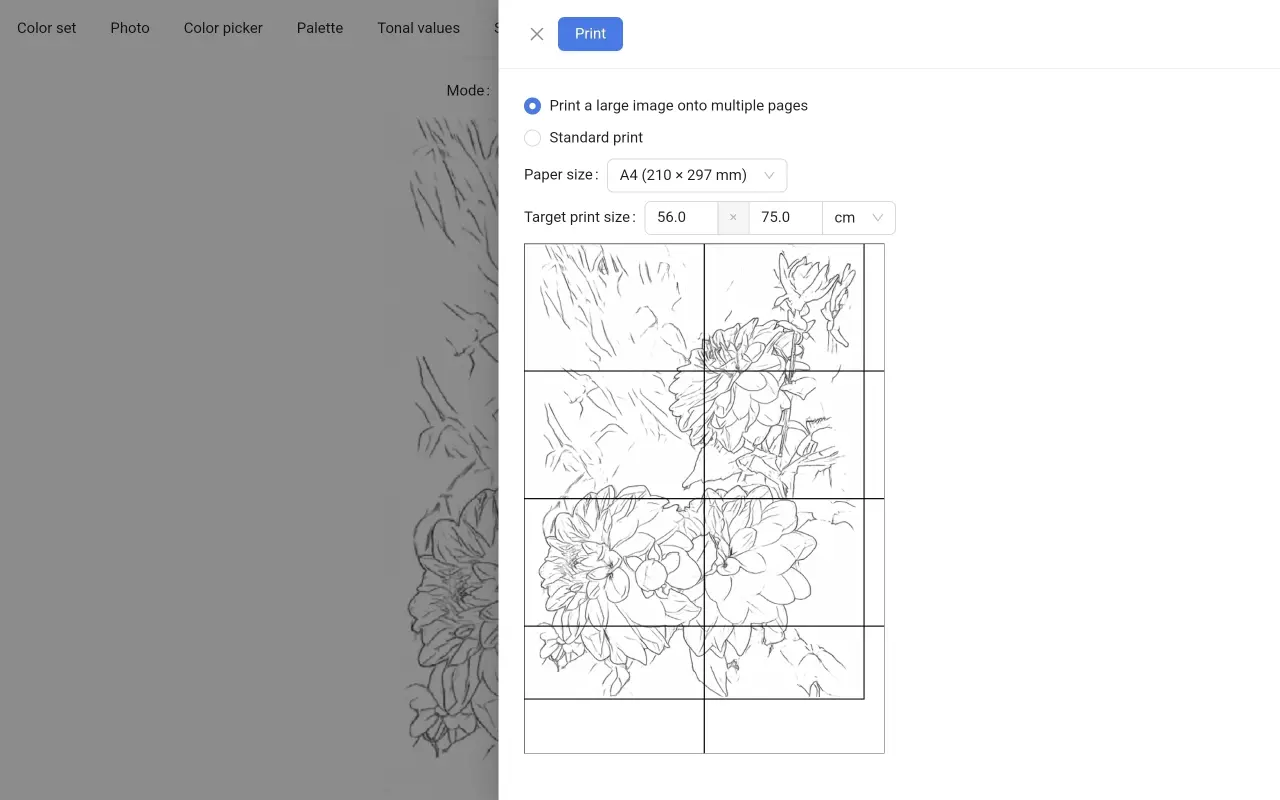 Printing a large image on multiple pages using home printer using ArtistAssistApp