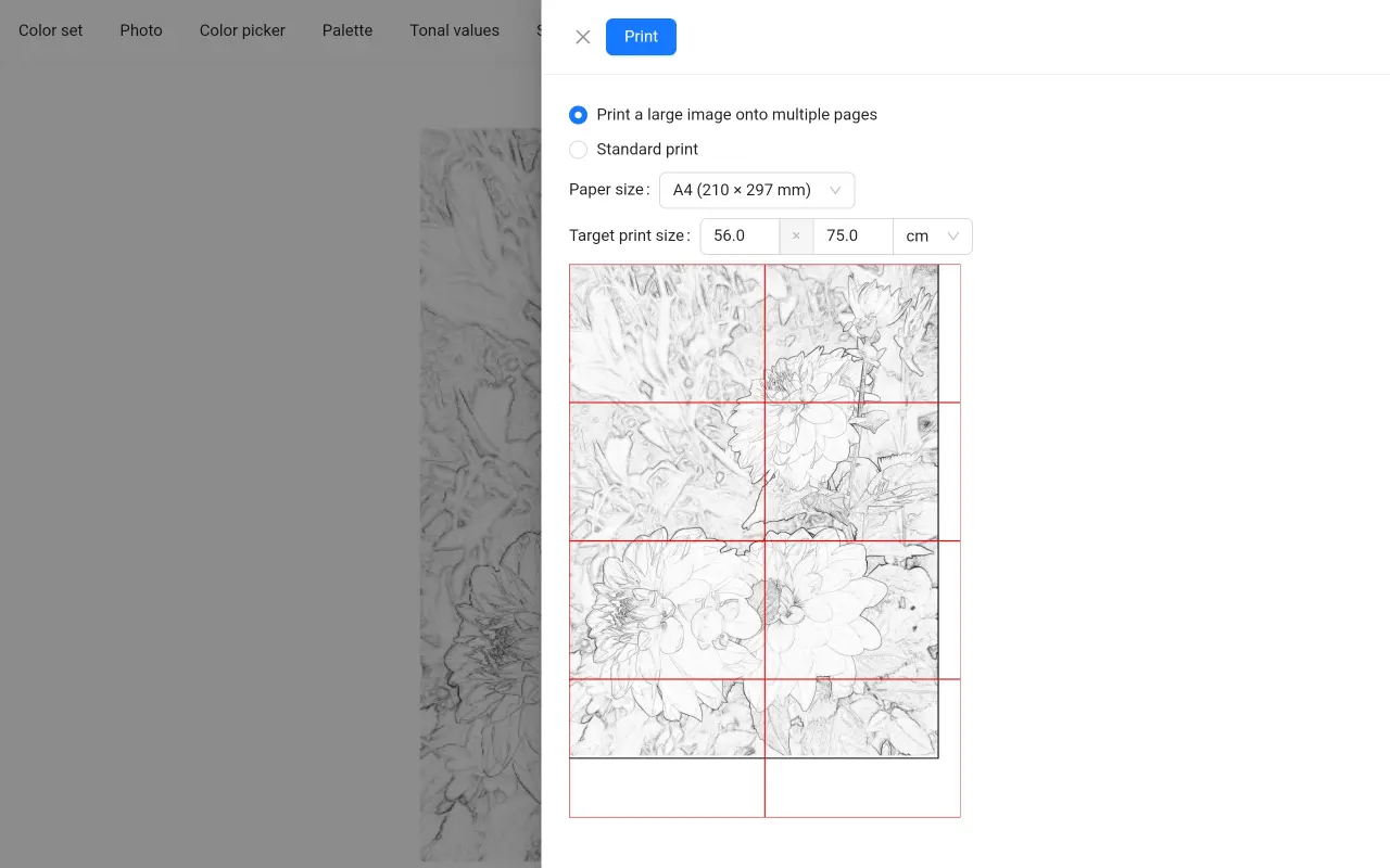 Printing a large image on multiple pages using home printer using ArtistAssistApp