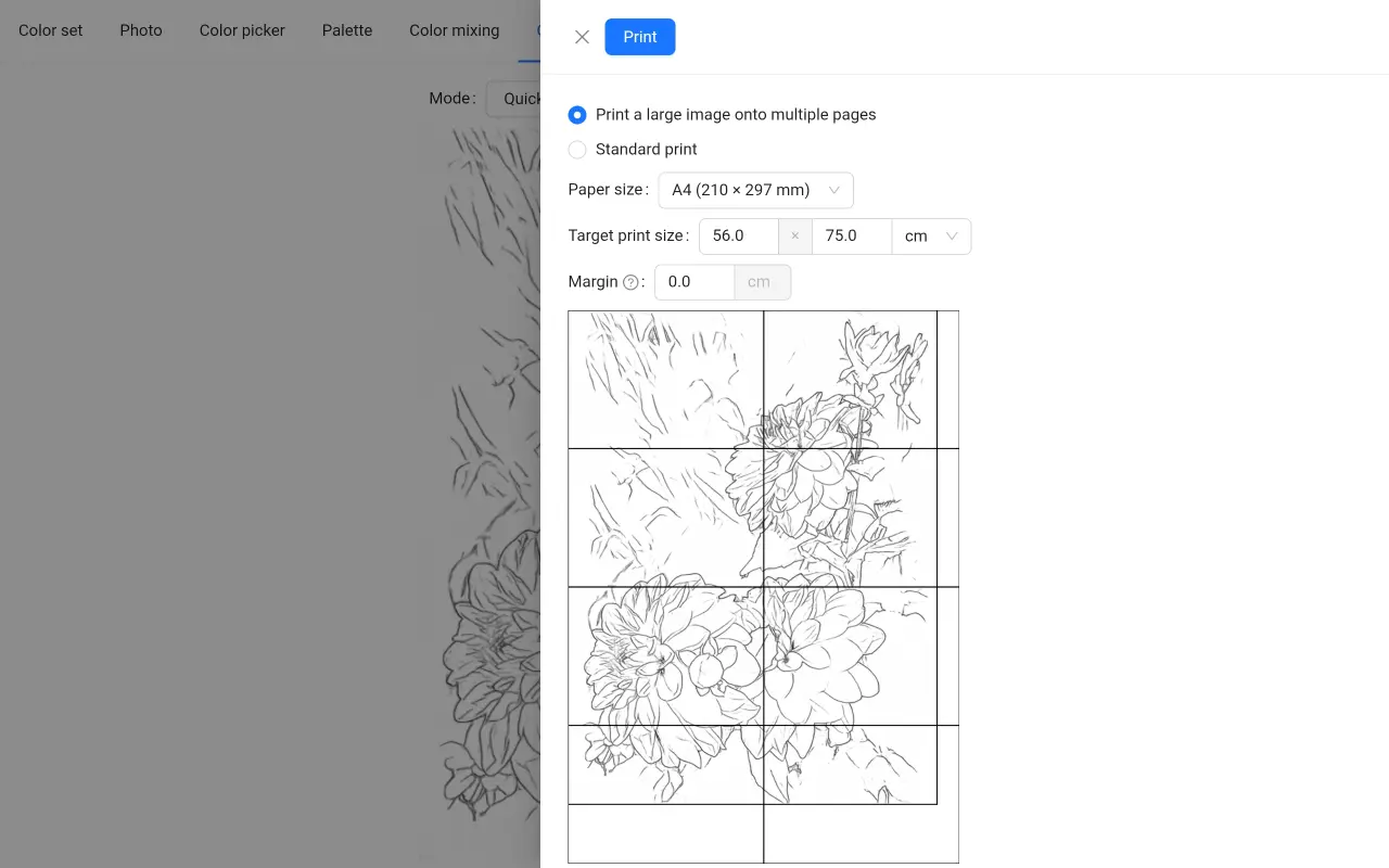 Printing a large image on multiple pages using home printer using ArtistAssistApp
