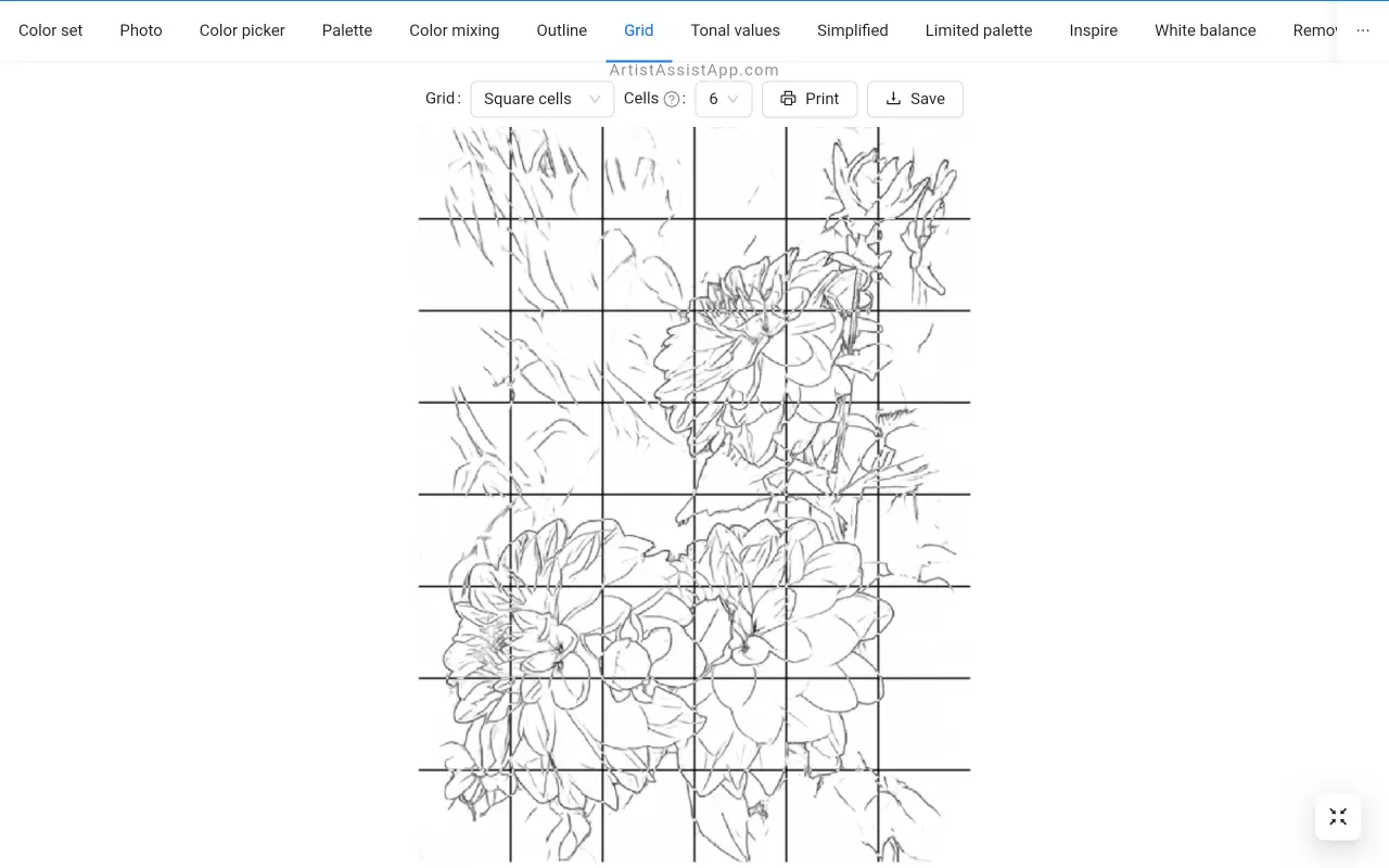 Converting a photo into an outline and drawing a grid over it in ArtistAssistApp