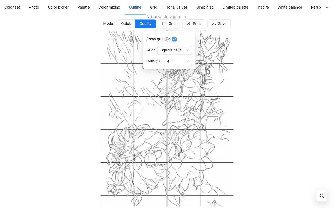 Converting a photo into an outline and drawing a grid over it in ArtistAssistApp