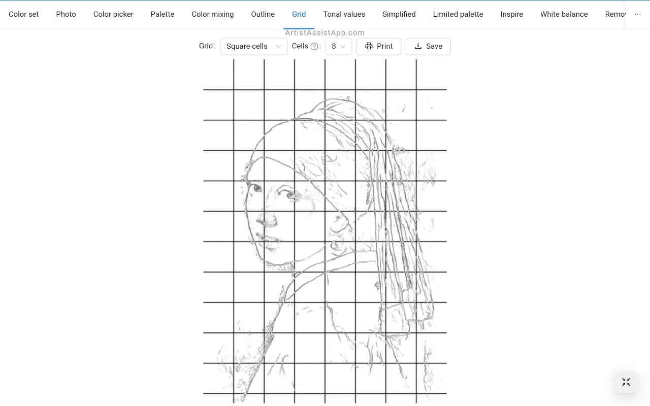 Converting a photo into an outline and drawing a grid over it in ArtistAssistApp