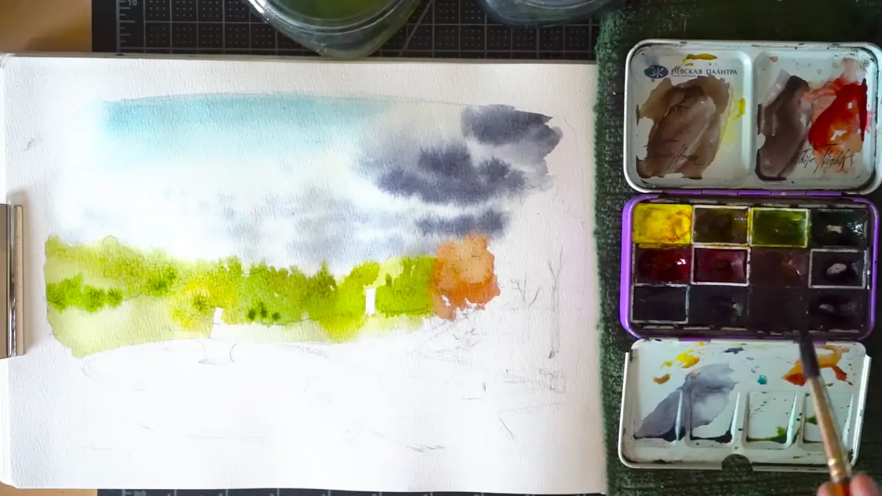 Autumn landscape watercolor painting process