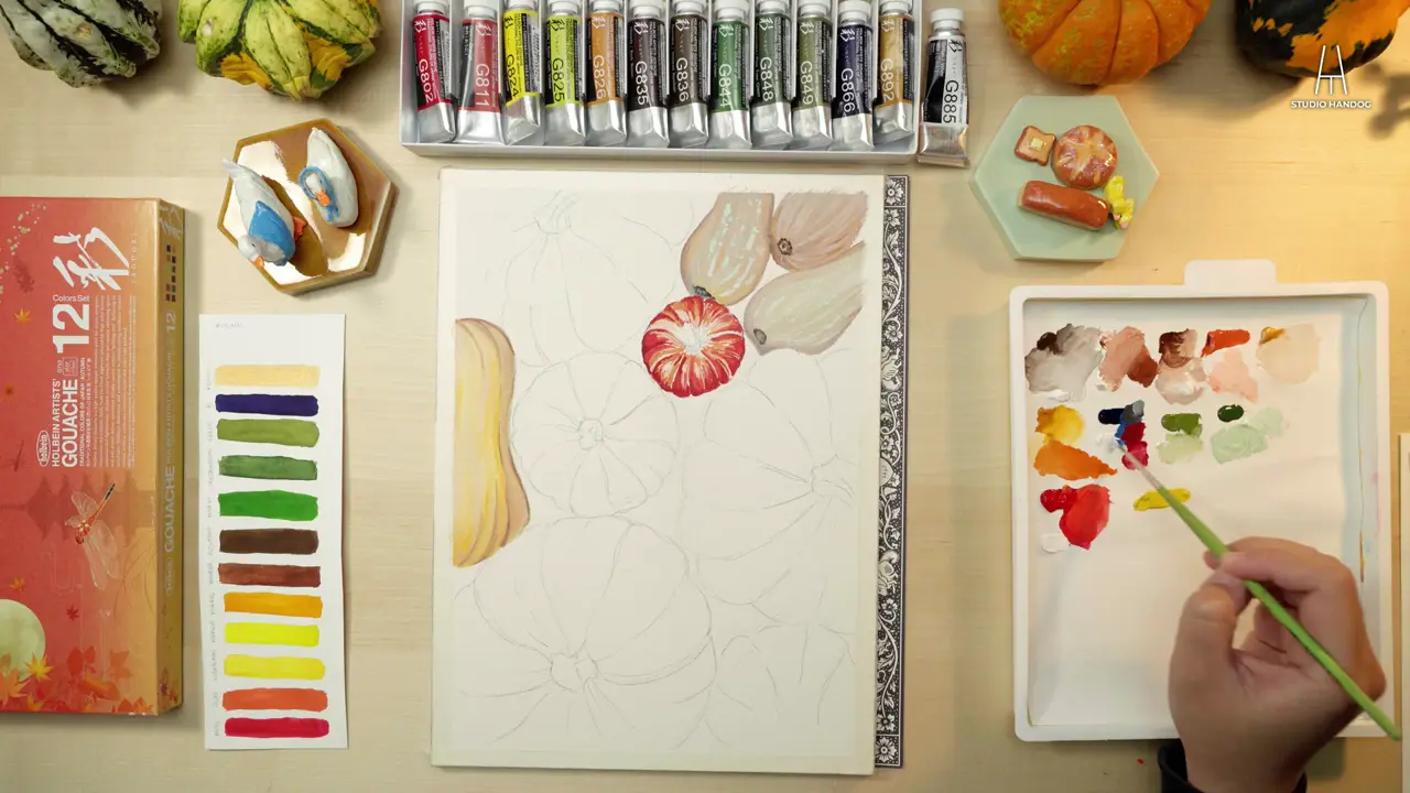 Colorful pumpkins gouache painting process