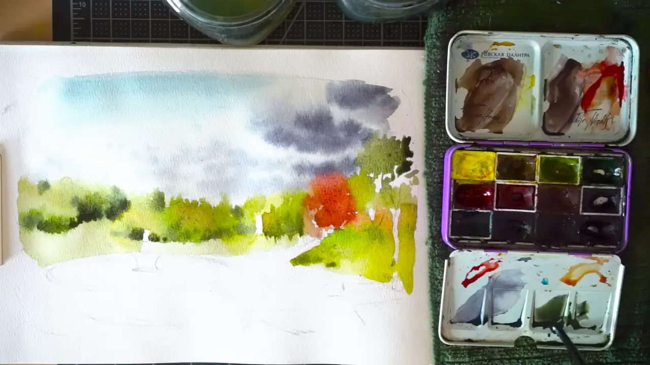 Autumn landscape watercolor painting process