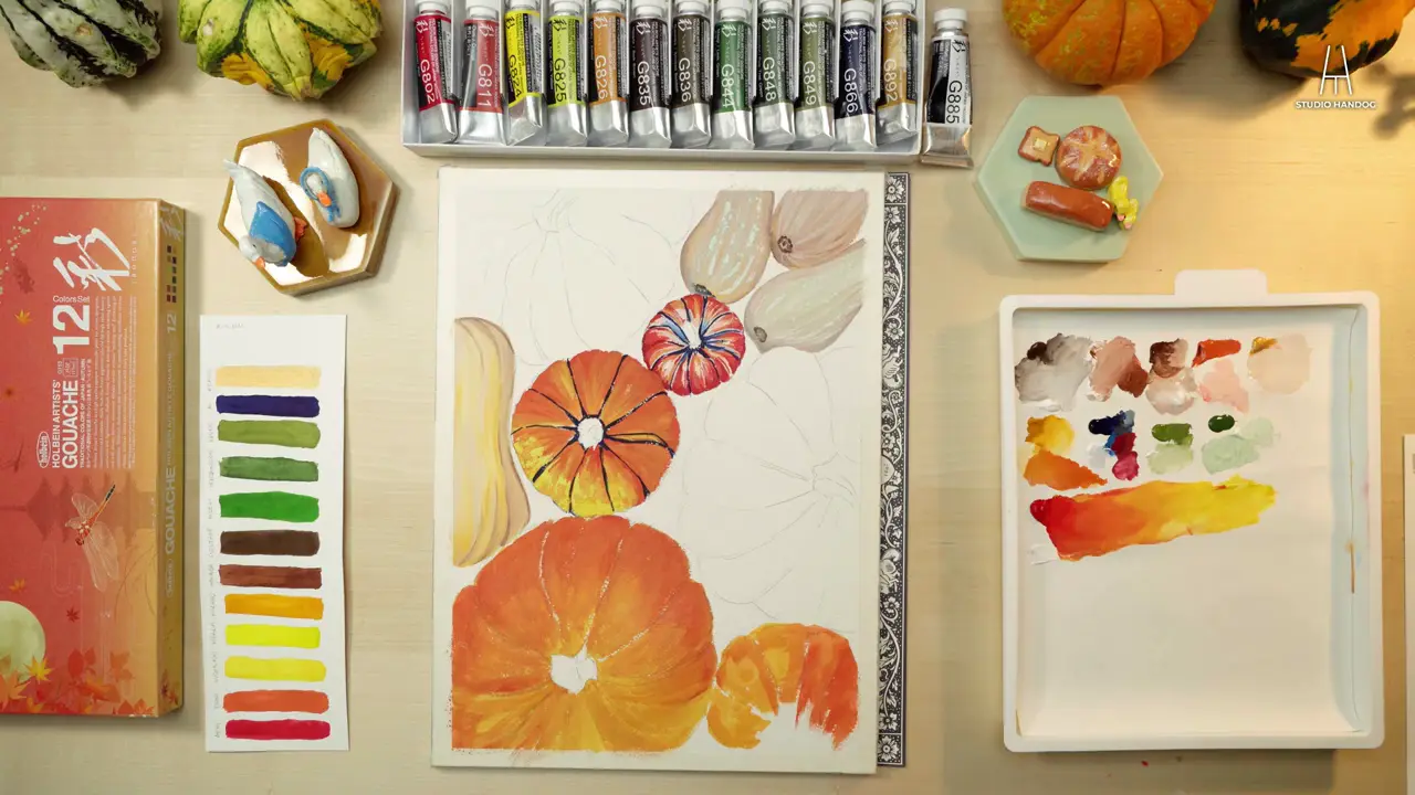 Colorful pumpkins gouache painting process