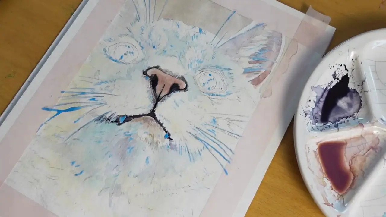 Cute cat watercolor painting process