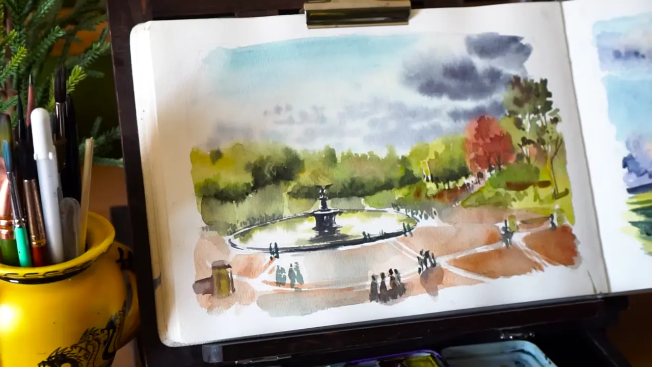 Autumn landscape watercolor painting