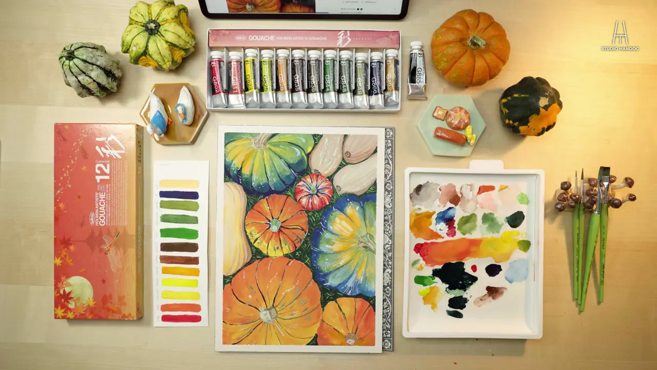 Colorful pumpkins gouache painting
