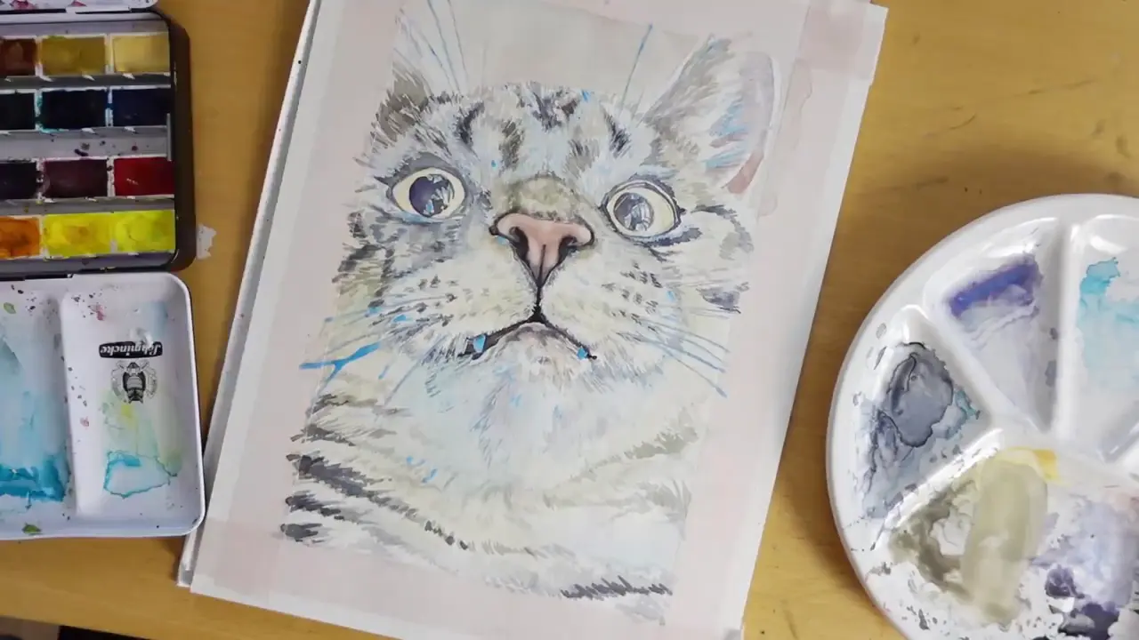 Cute cat watercolor painting process