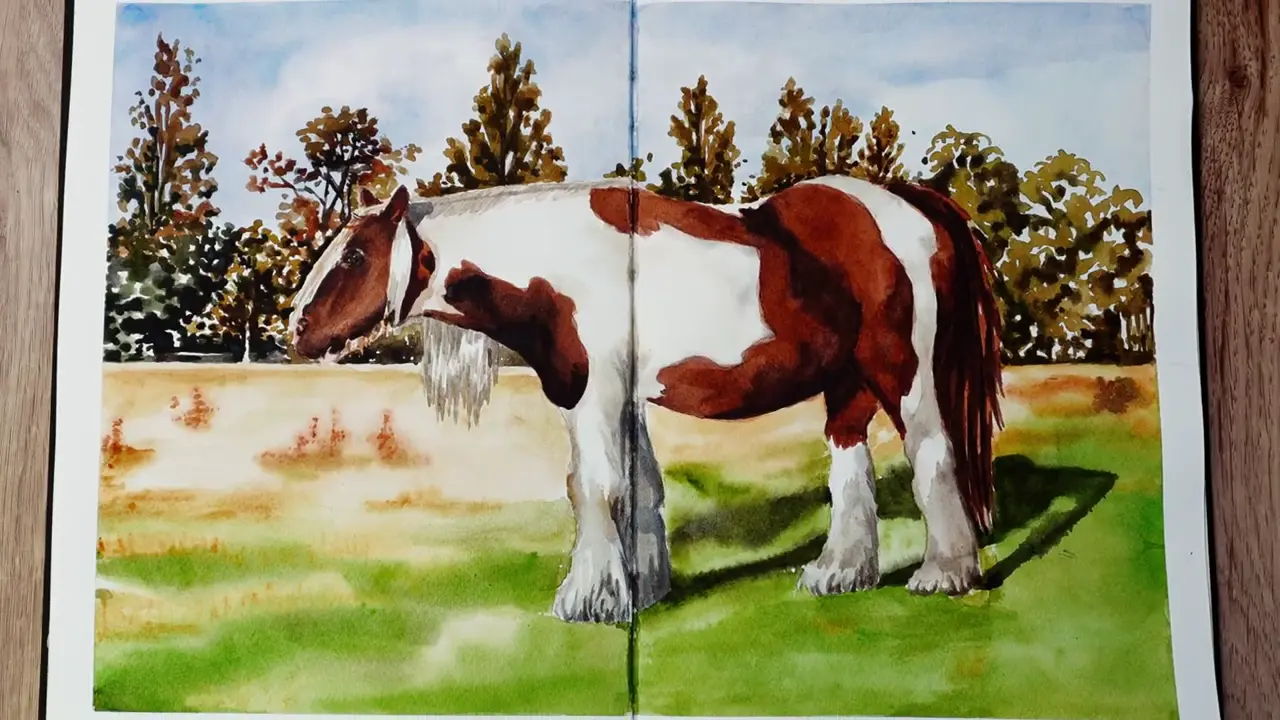 A pinto horse watercolor painting