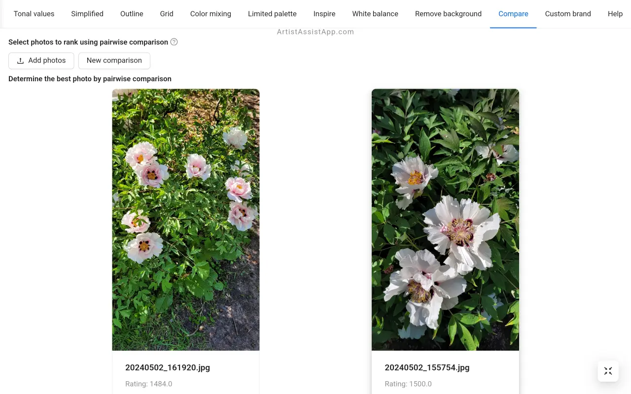 Photo rating based on pairwise comparison results in ArtistAssistApp