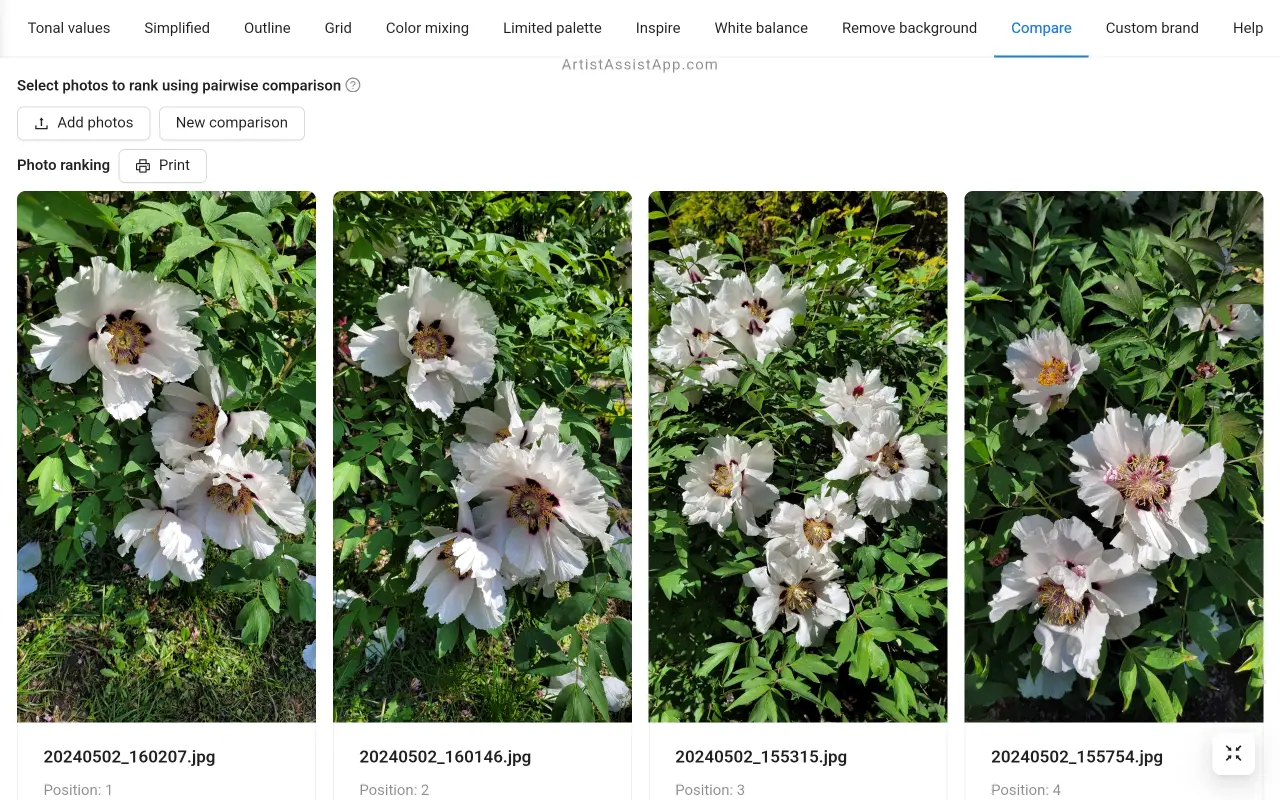 Photo rating based on pairwise comparison results in ArtistAssistApp